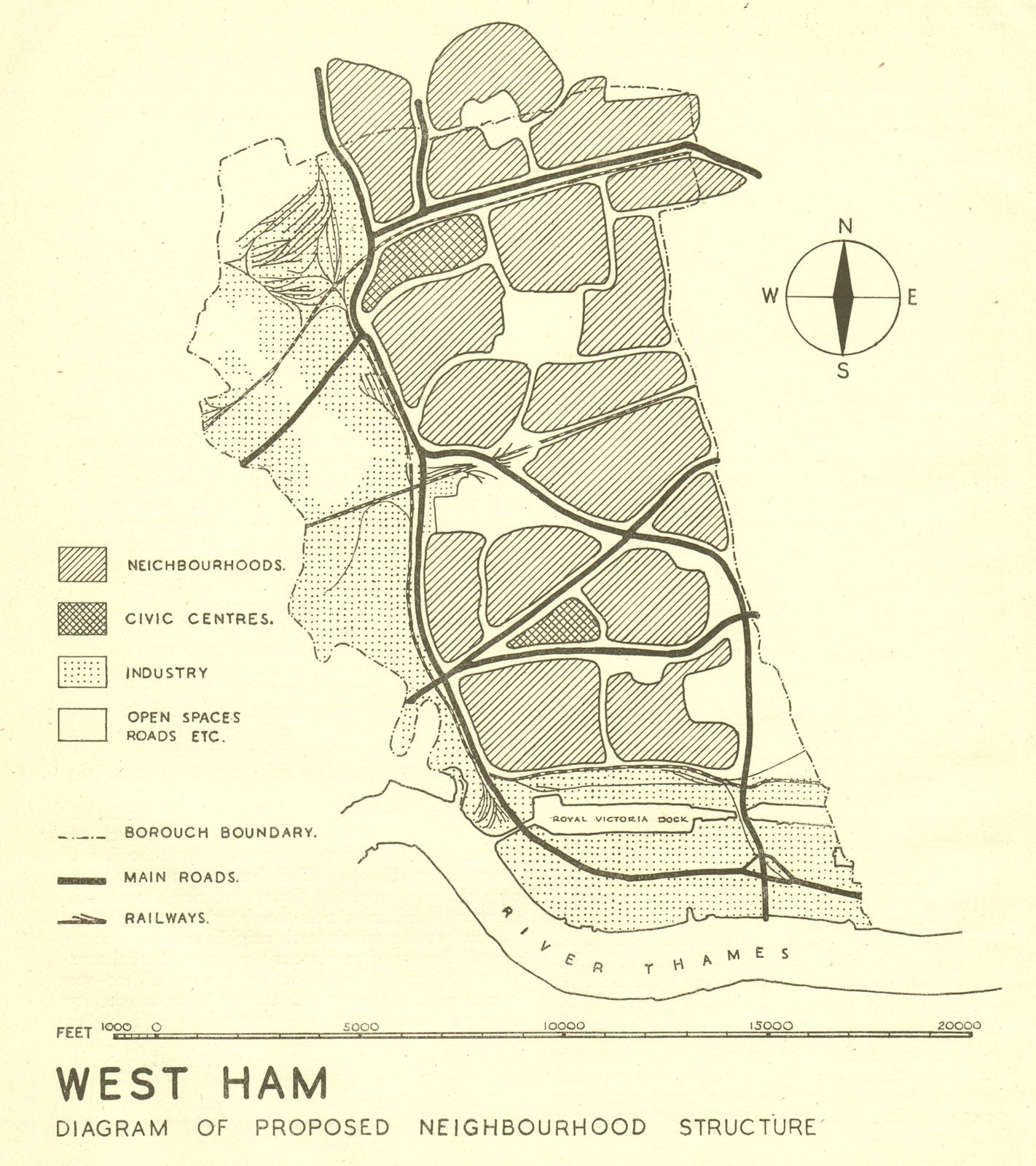 WEST HAM. Proposed postwar neighbourhood structure. ABERCROMBIE 1944 old map